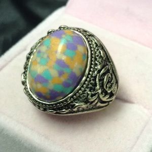Colorful ornate unique silver ring Sz10
